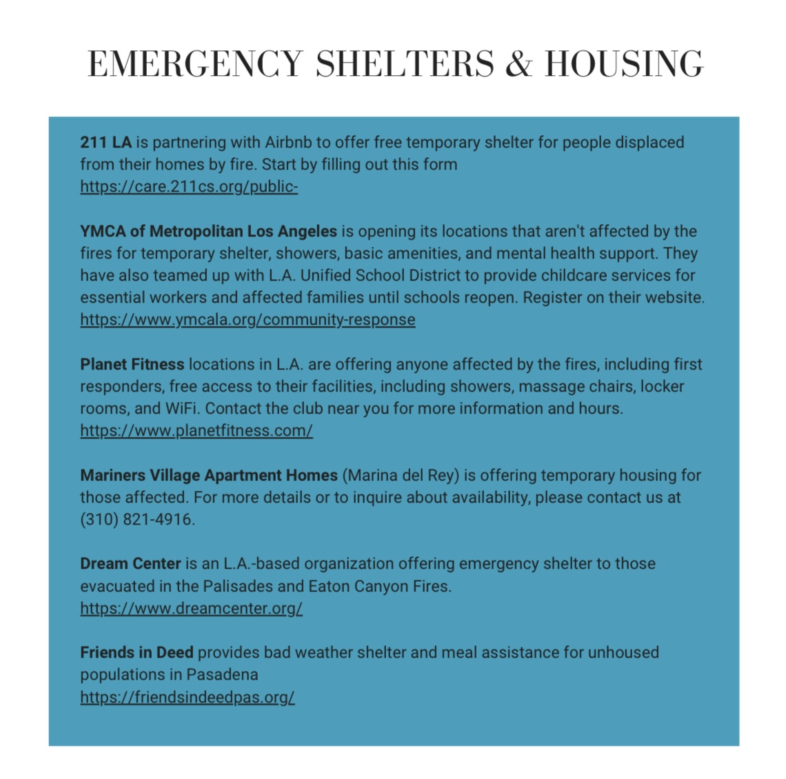 RESOURCE SHEET FOR EVACUEES AND FIRST RESPONDERS OF THE 2025 LOS ANGELES FIRES